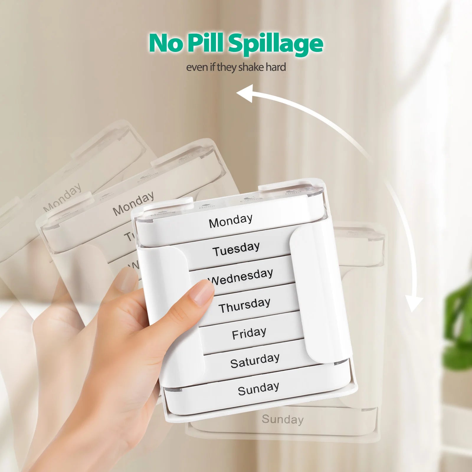 Hand holding closed pill organizer, emphasizing secure lids that reduce spillage risk