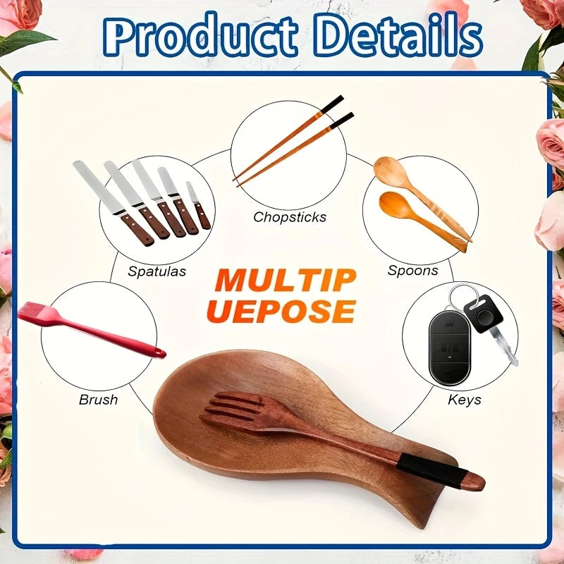 Wooden spoon rest showing multiple uses for utensils, spatulas, chopsticks, spoons, brushes, and keys
