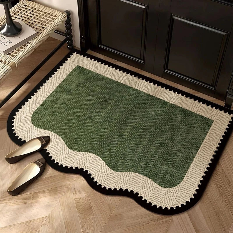 Green minimalist doormat with geometric border placed in entryway setting
