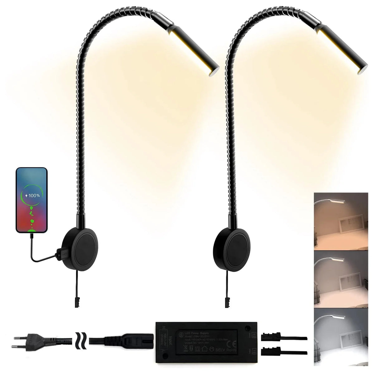 Black Flexible Touch-Control Headboard Reading Lights (Set of 2) – Wall Mounted, Dimmable, USB Port
