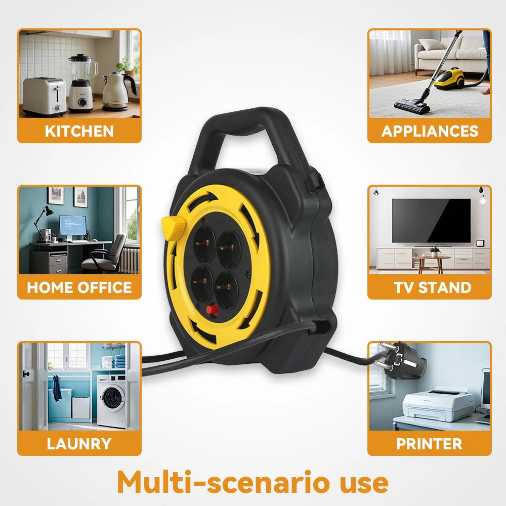 Extension cord reel with four EU sockets shown with placement options for kitchen, home office, laundry, appliances, TV stand, and printer