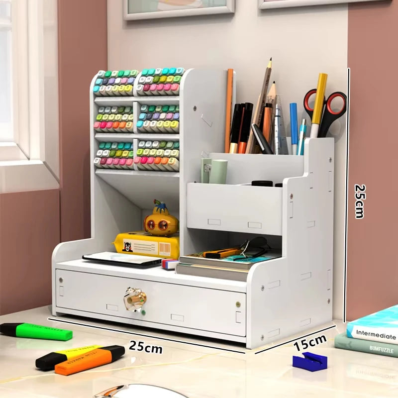 Multi-Compartment White Desk Organizer with Drawer for Pens, Markers & Office Supplies