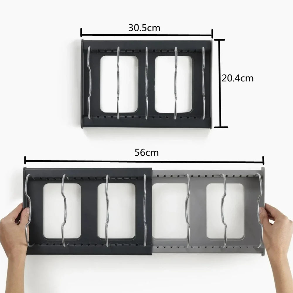 Expandable organizer rack with width measurements in centimeters displayed