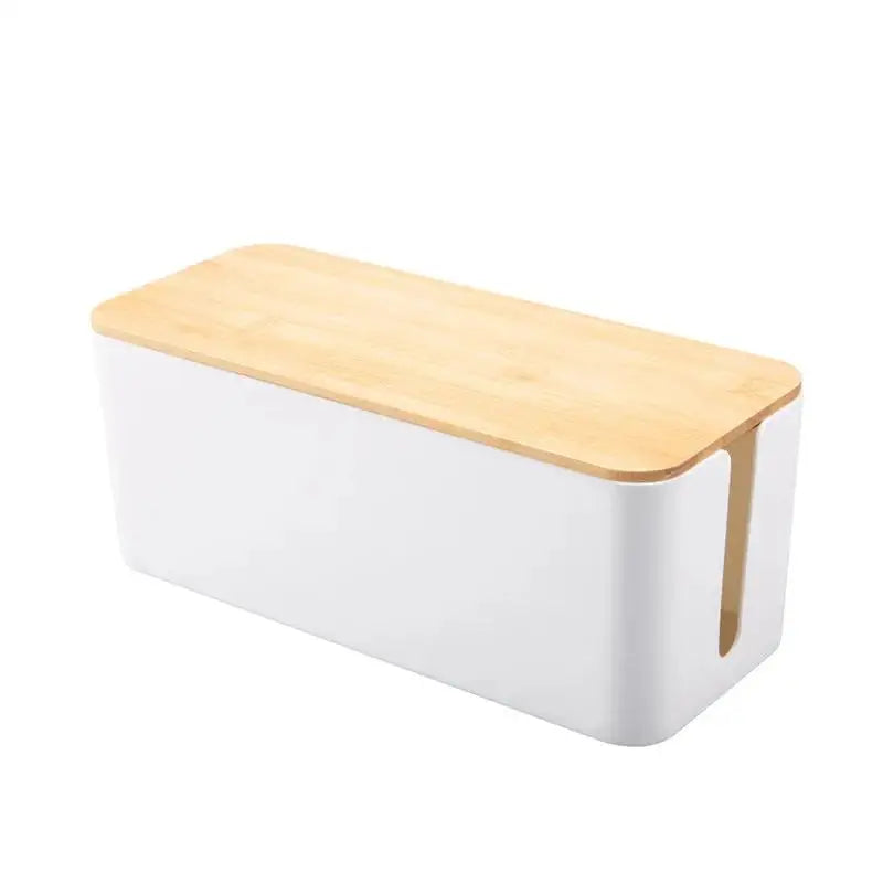 Cable Management Box with Wood Grain Lid – Home & Office Cord Organizer