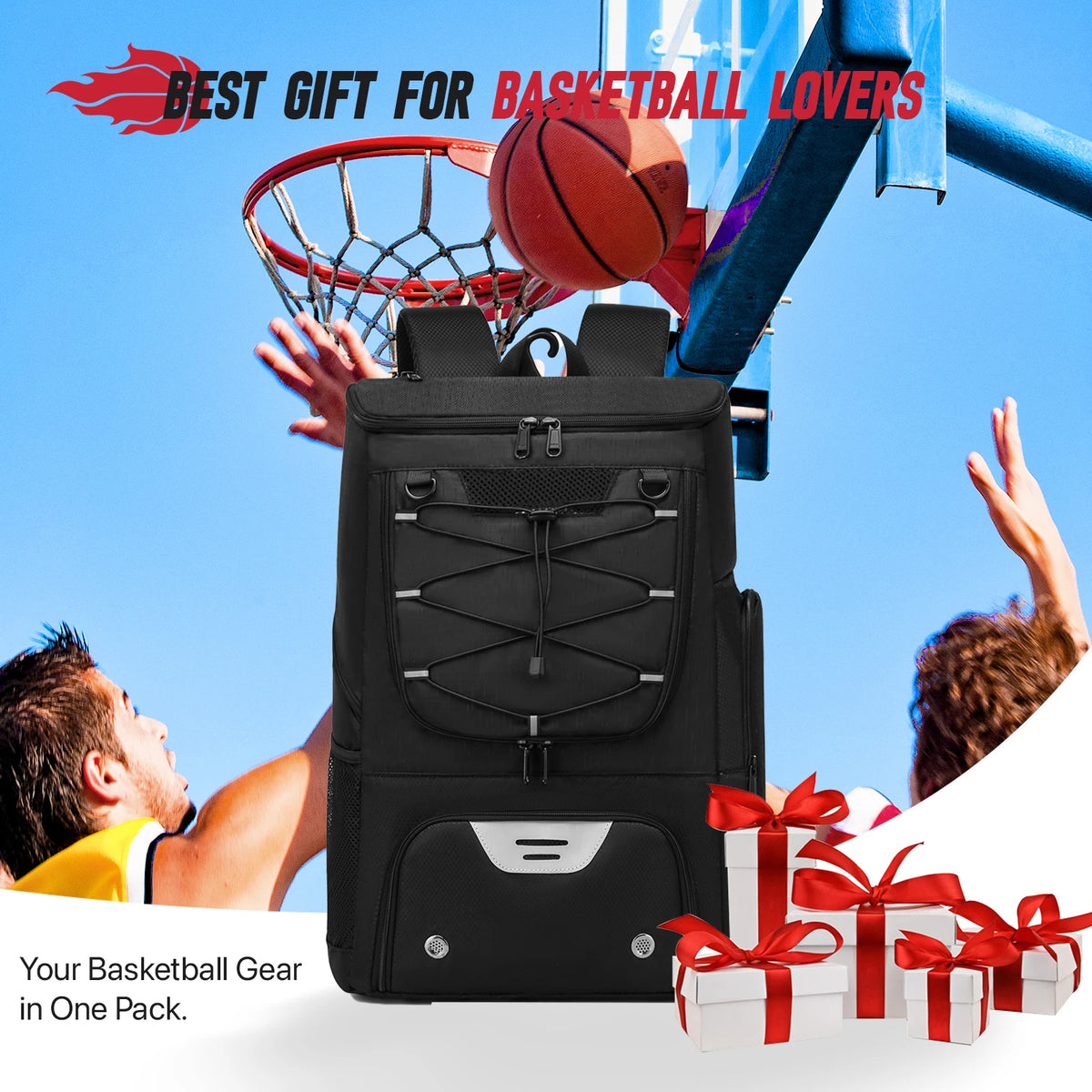 Basketball backpack shown at an outdoor court, labeled as a gift for basketball lovers