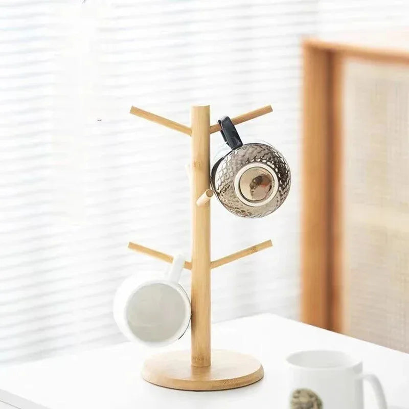 Tree-Style Wooden Mug Holder Stand with 6 Hooks for Kitchen or Coffee Bar