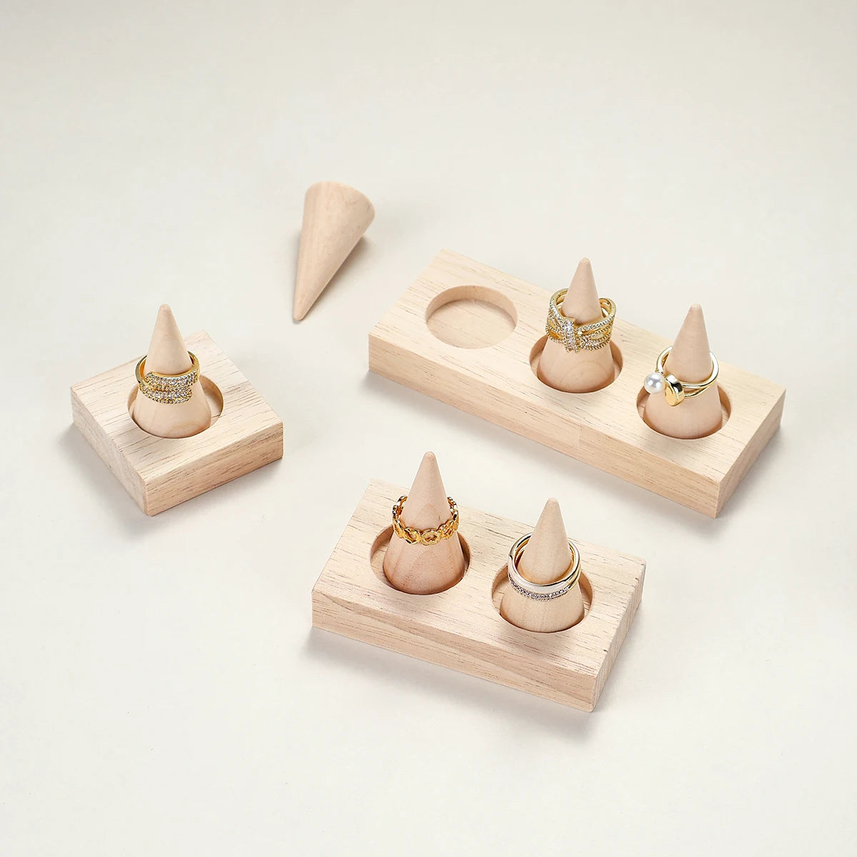 detachable wood ring holder cones and bases with rings displayed