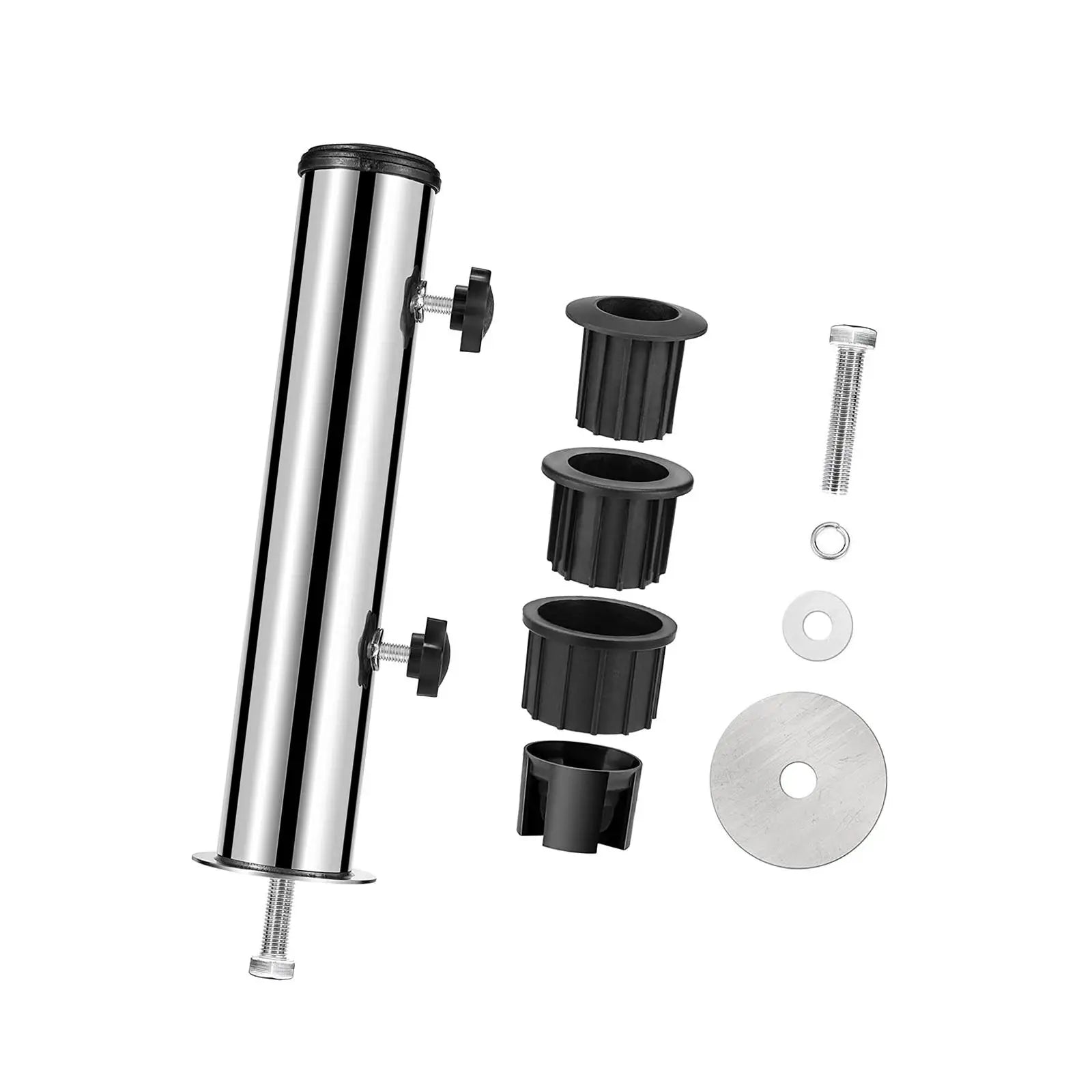 Stainless steel outdoor umbrella stand base with black adapters and mounting hardware