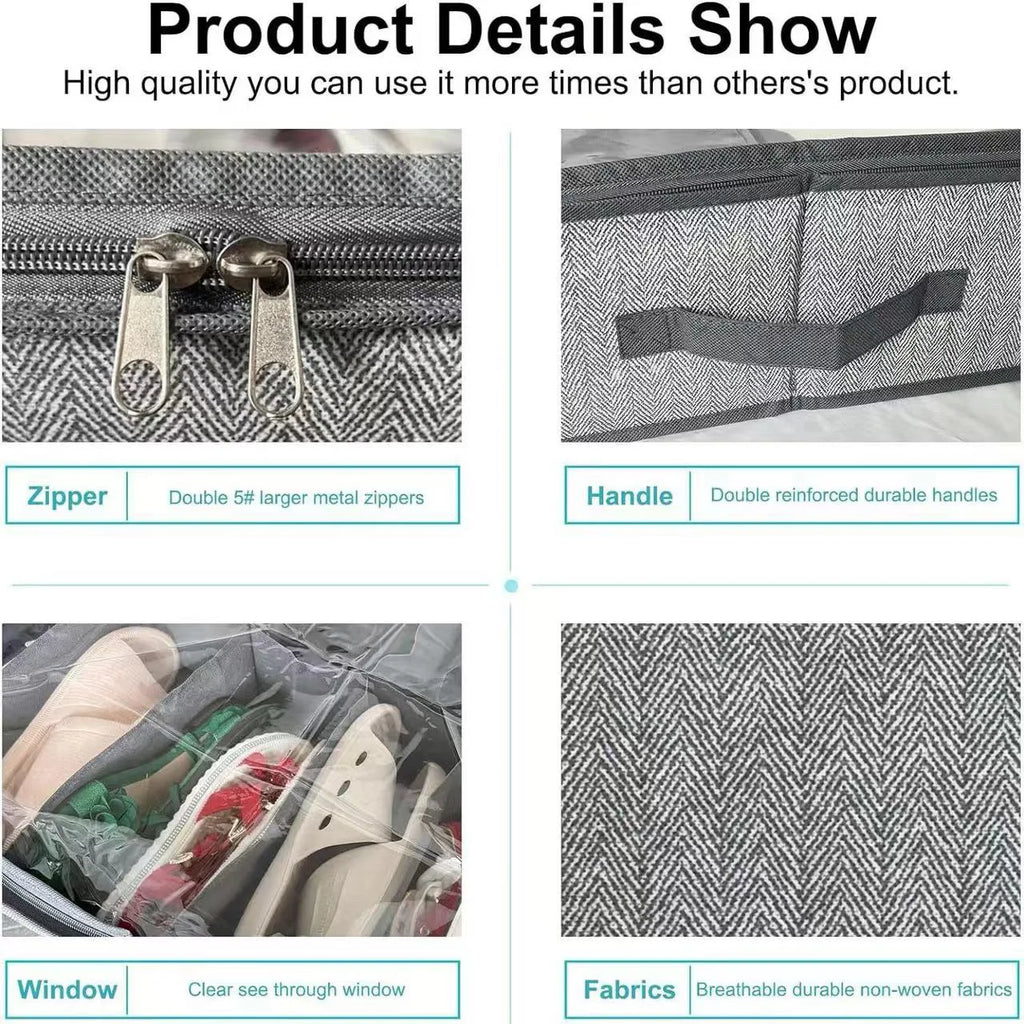 Close-up product details showing zippers, handles, clear window, and breathable fabric of storage organizer