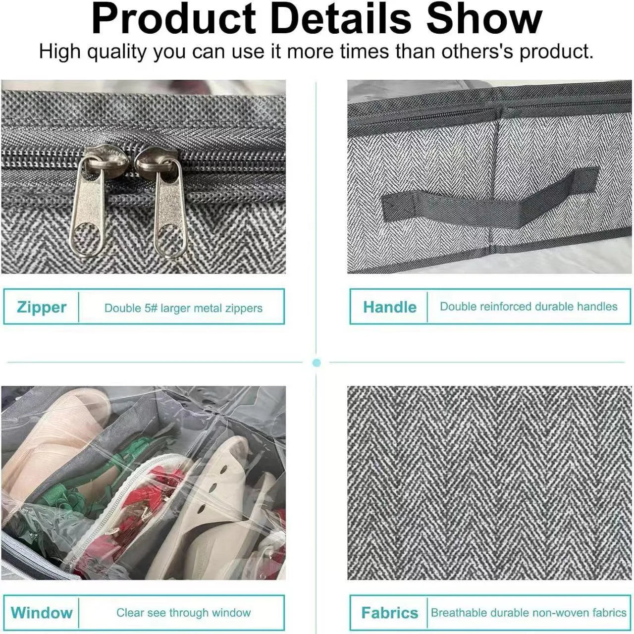 Close-up product details showing zippers, handles, clear window, and breathable fabric of storage organizer