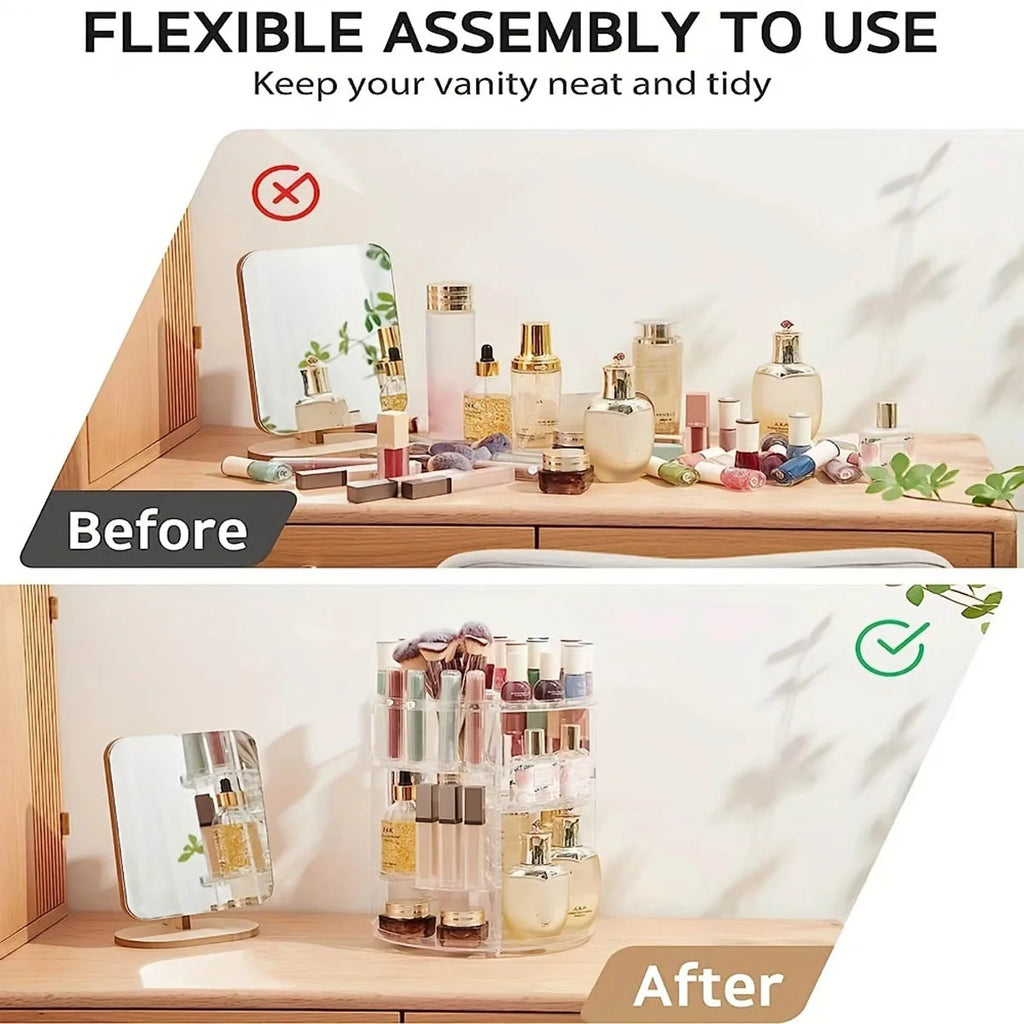 comparison of messy countertop before and after using rotating organizer