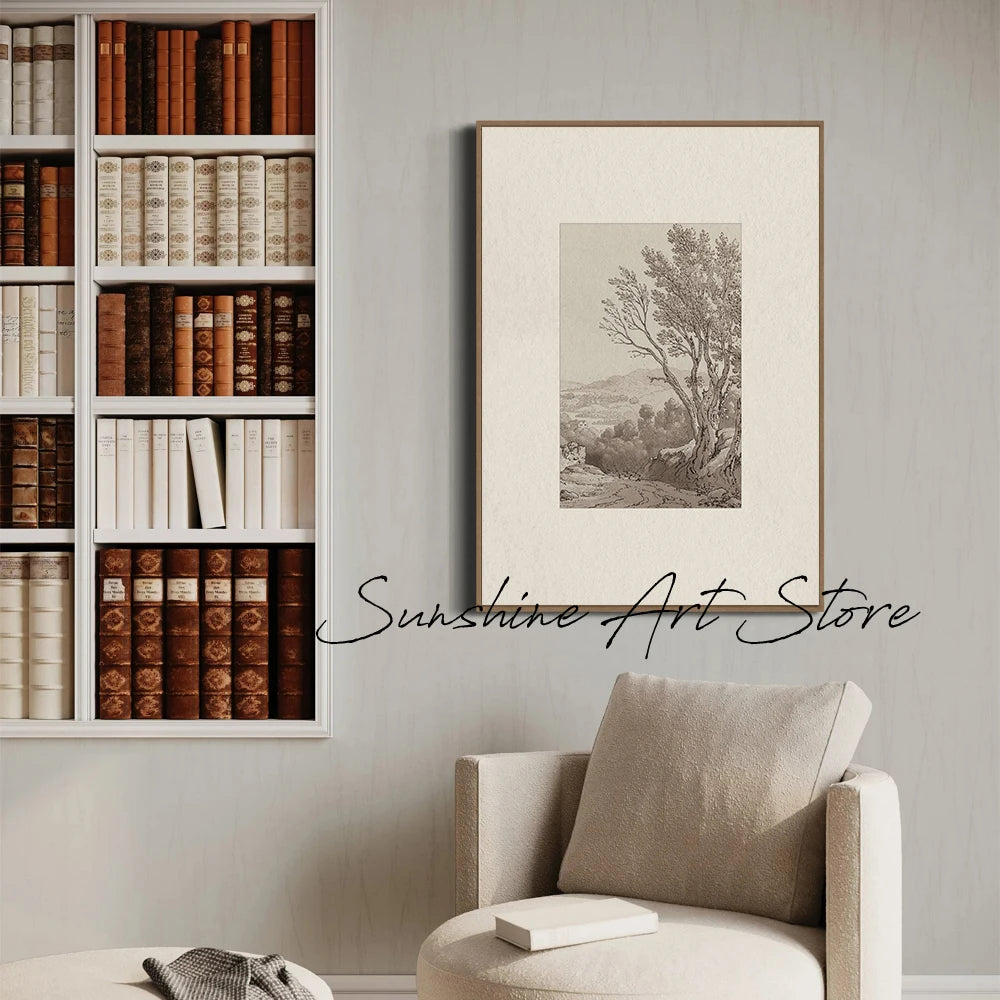 Vertical neutral nature print displayed next to bookshelf in a cozy reading nook