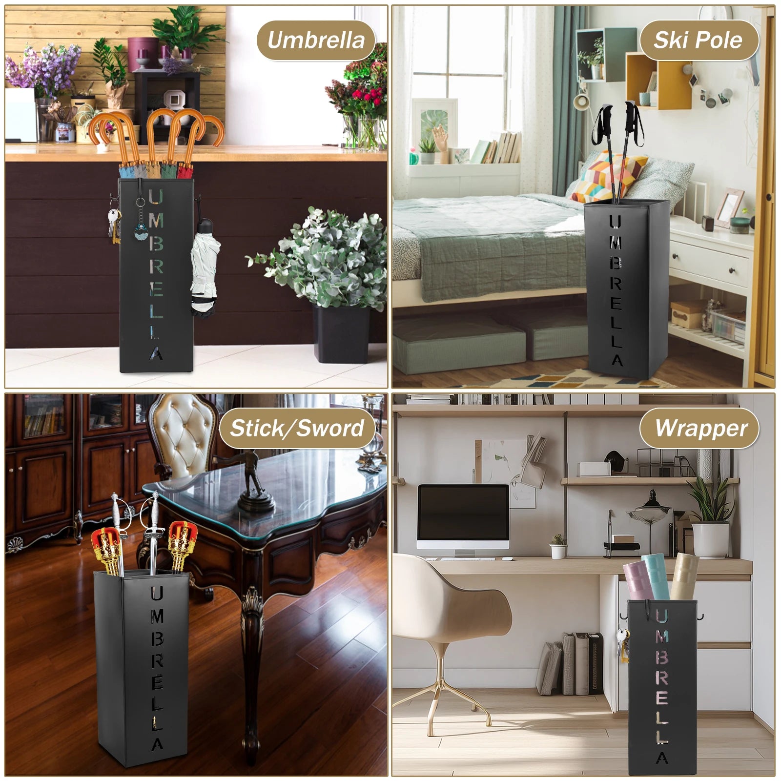 Metal Umbrella Stand with Removable Hooks for Entryway or Mudroom
