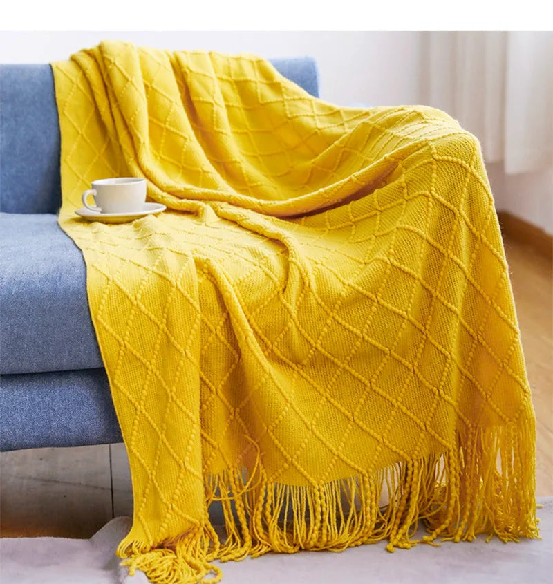 Nordic Knit Acrylic Throw Blanket with Tassels for Bed, Sofa, and Cozy Winter Decor