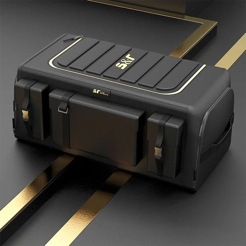 Black Oxford cloth car trunk storage organizer with external compartments and secure lid