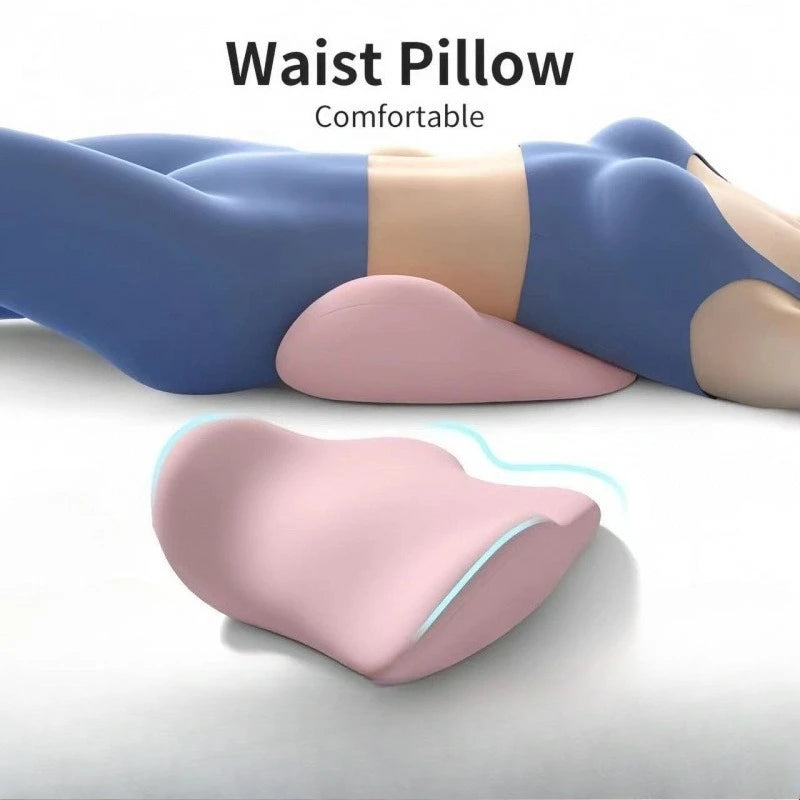Person lying on bed with a contoured pink lumbar support pillow under lower back