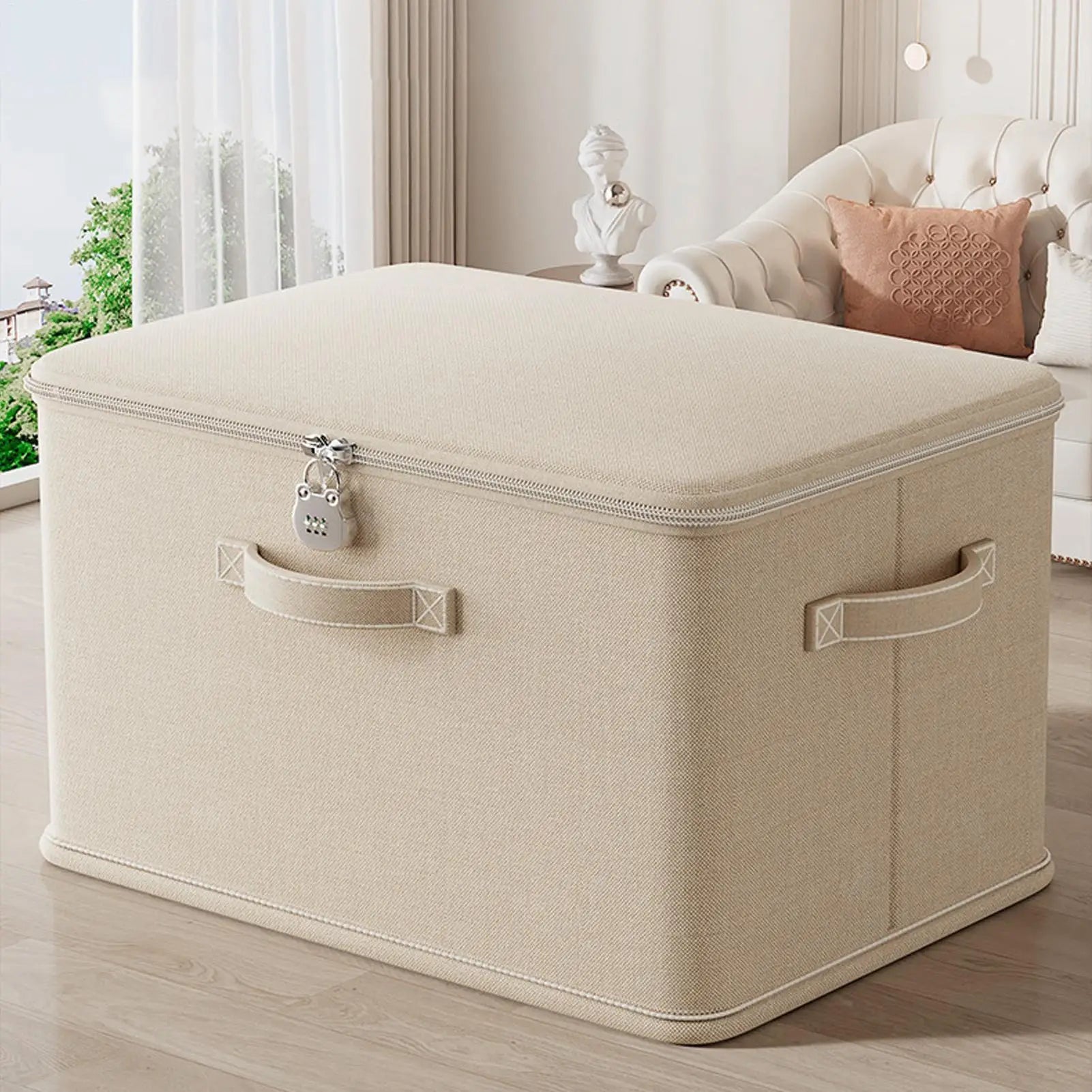 Lockable fabric storage box in white on a living room floor with cozy decor