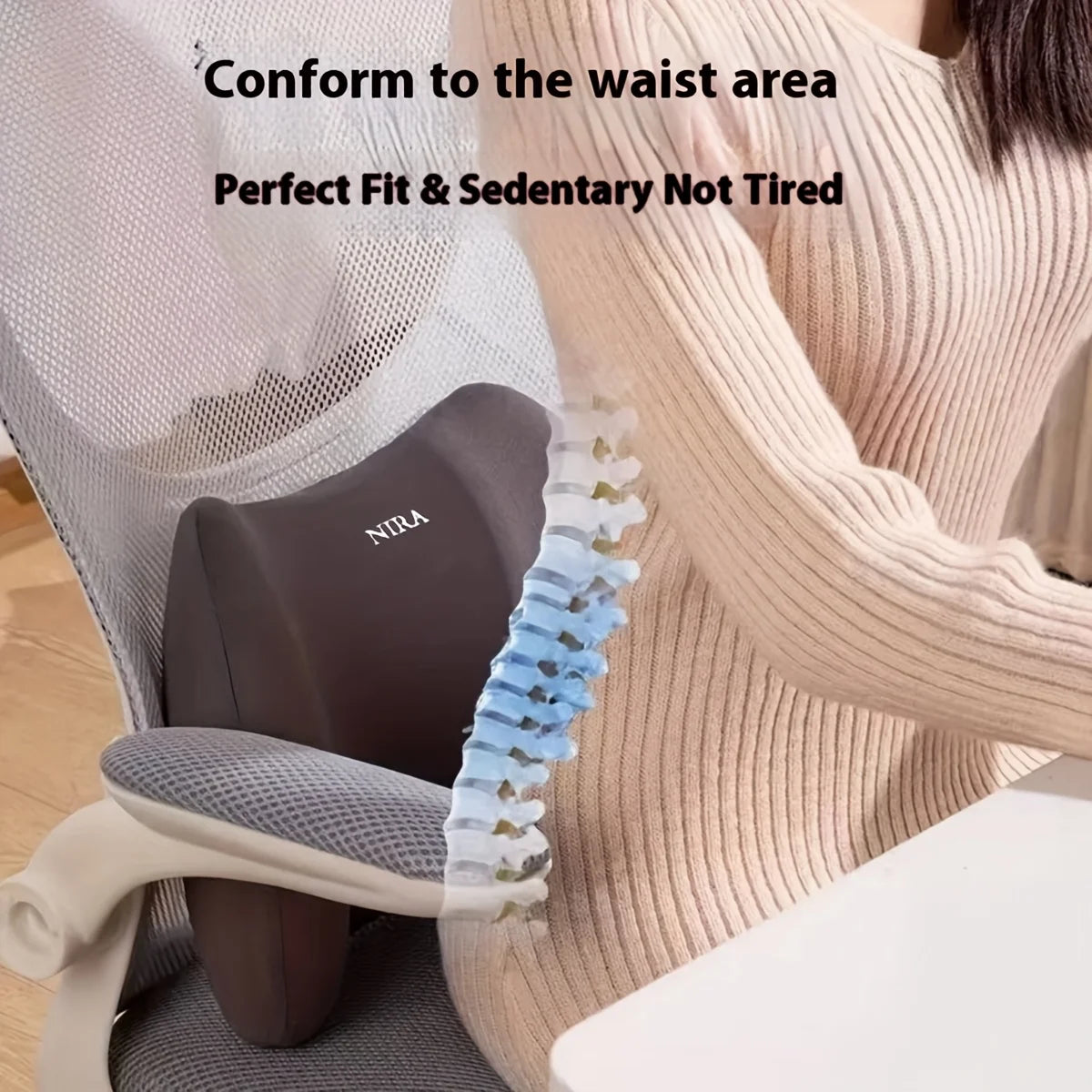 Black lumbar support pillow on an office chair, demonstrating back fit
