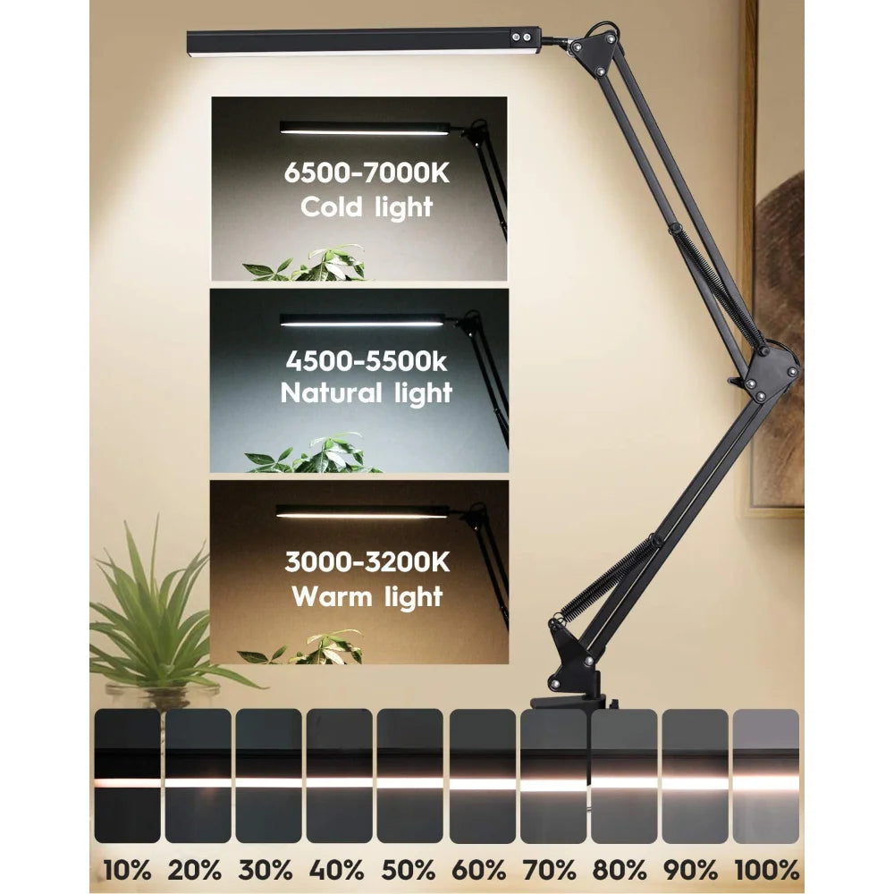 LED desk lamp brightness levels and three color temperatures (cold, natural, warm) displayed