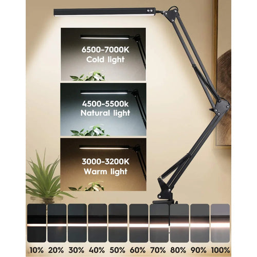 LED desk lamp brightness levels and three color temperatures (cold, natural, warm) displayed