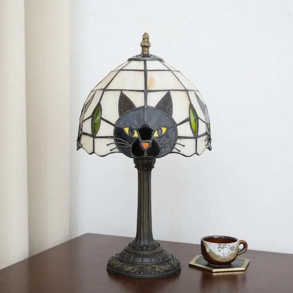 stained glass cat table lamp with white and black cat shade, unlit