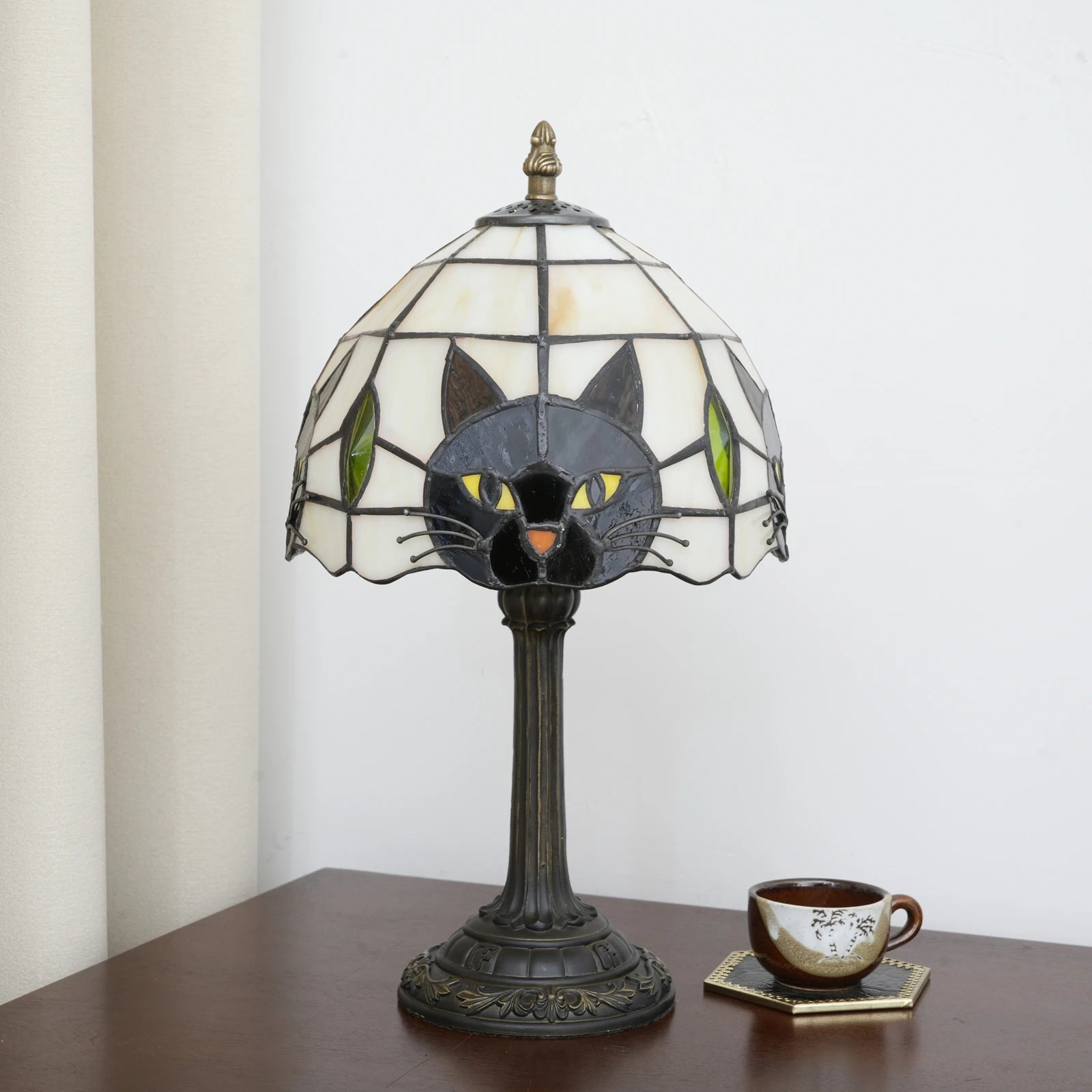 stained glass cat table lamp with white and black cat shade, unlit