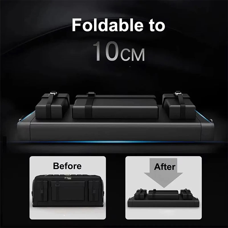 Foldable trunk organizer collapsed to a flat 10 cm profile, showing before and after views