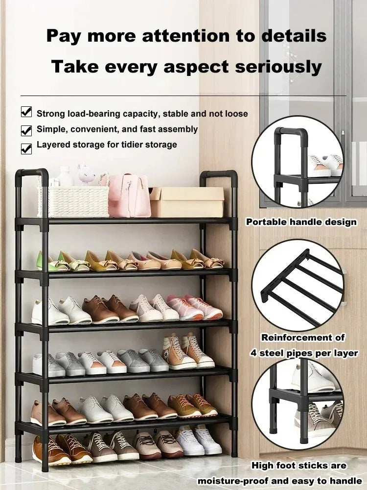 black multi-tier shoe rack with shoes and accessories, illustrated feature callouts