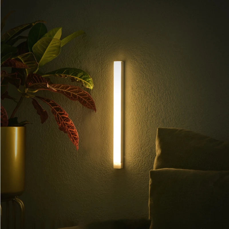 LED night light glowing on a bedroom or living room wall next to a plant