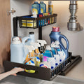 Steel under sink sliding drawer organizer in black, installed in kitchen cabinet and holding cleaning supplies