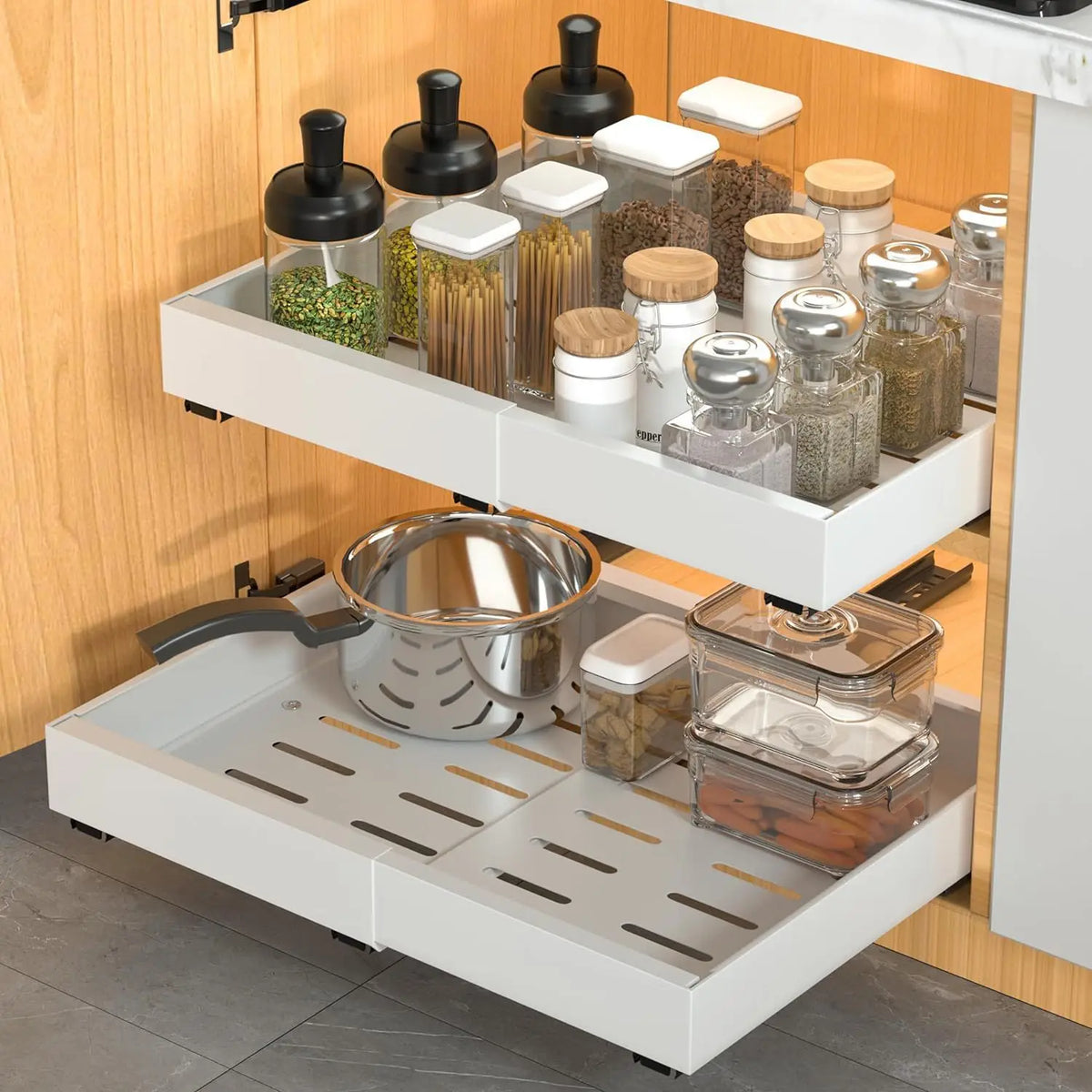 Expandable Pull-Out Cabinet Organizer Rack for Kitchen and Pantry Storage
