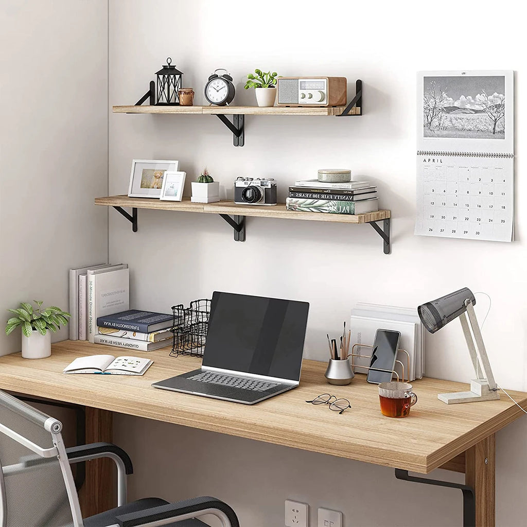 Wall-Mounted Wooden Floating Shelves with Black Brackets
