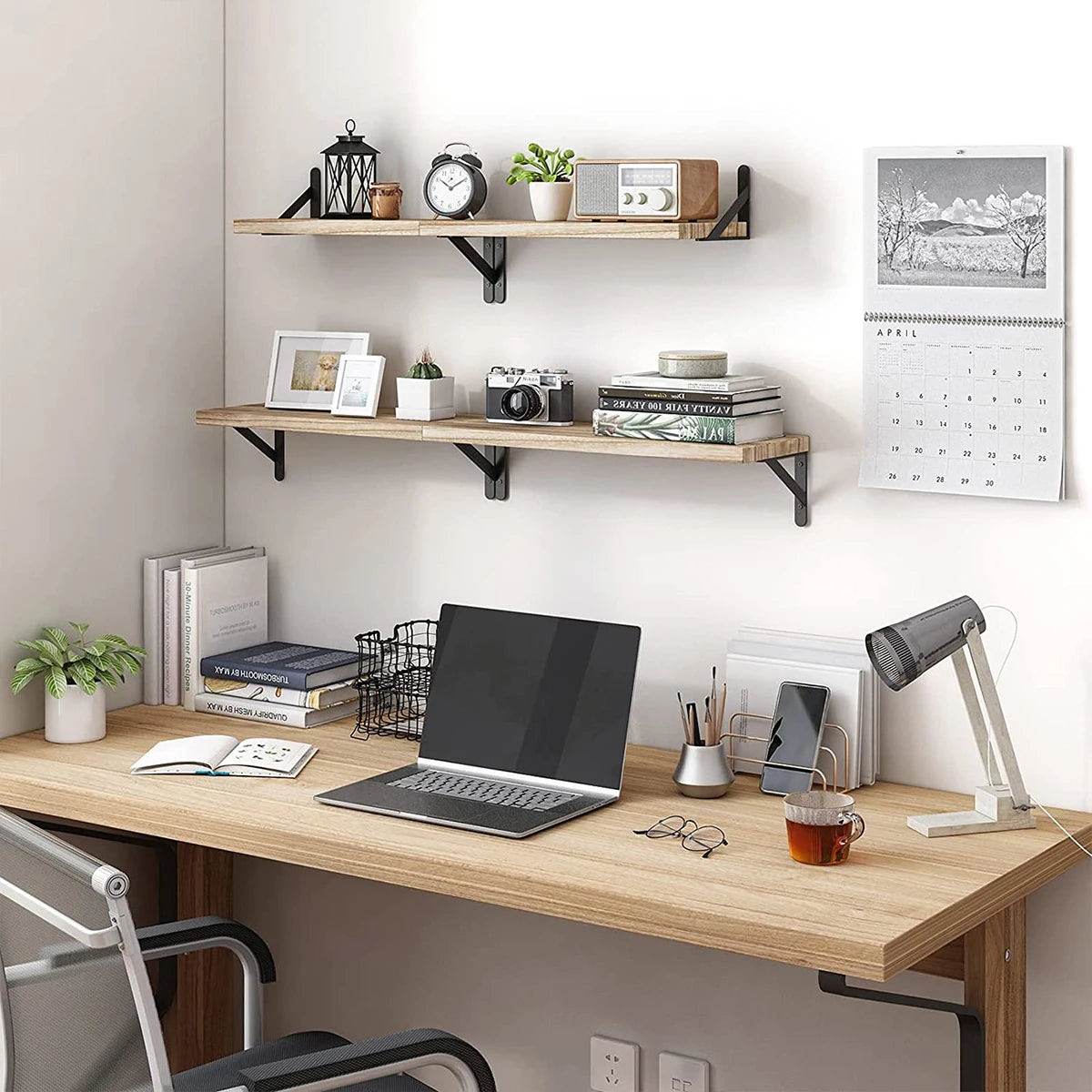 Wall-Mounted Wooden Floating Shelves with Black Brackets