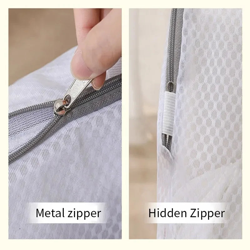 Close-up of metal zipper and hidden zipper feature on mesh laundry bags