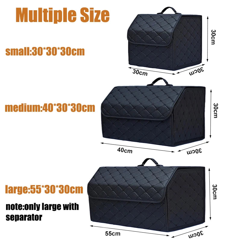 Size chart showing small, medium, and large folding trunk organizers with dimensions
