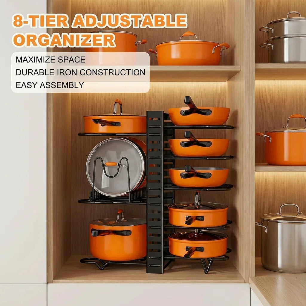 8-tier metal pot and pan rack with orange pots in a wooden kitchen cabinet