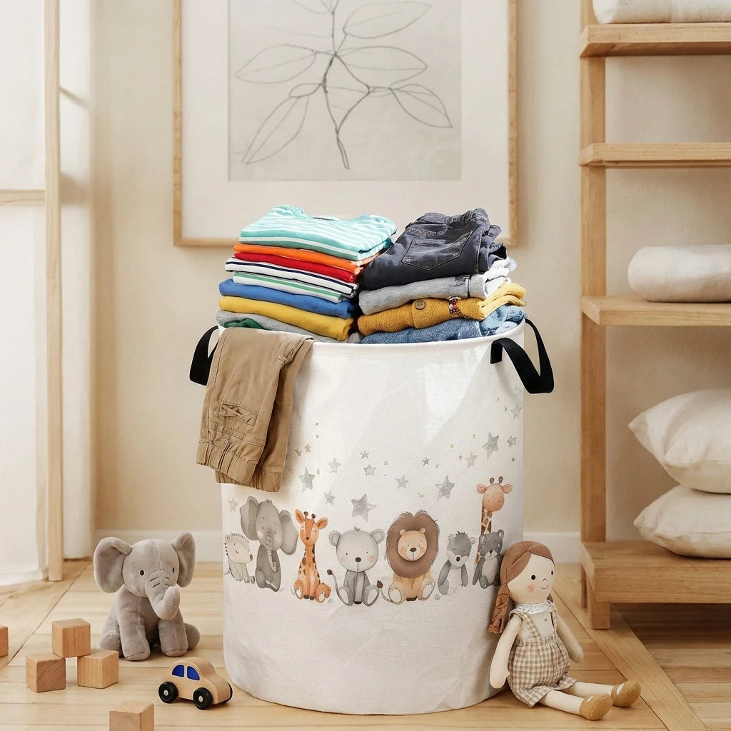 Animal canvas laundry basket filled with folded clothes and toys in a cozy children's room