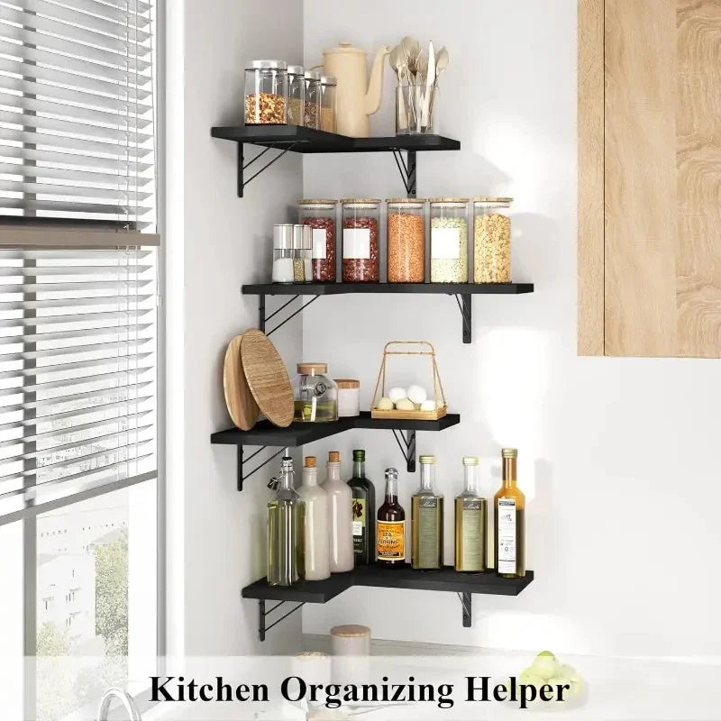 Black wood corner shelves in a kitchen corner, used for organizing jars and bottles