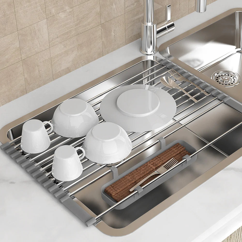 Expandable Stainless Steel Over-Sink Drying Rack with Cutlery and Sponge Holders for Kitchen Organization