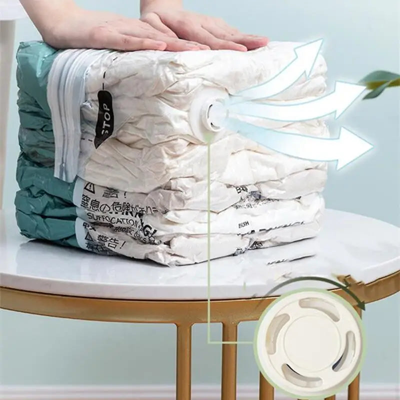Hands pressing down on a filled vacuum storage bag, arrows showing air being released