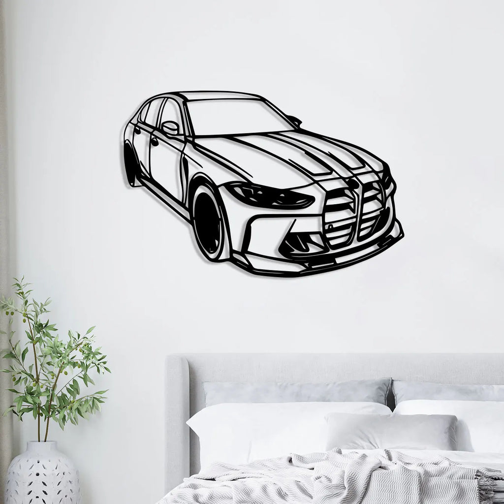 Black metal car wall art above a bed in a modern bedroom