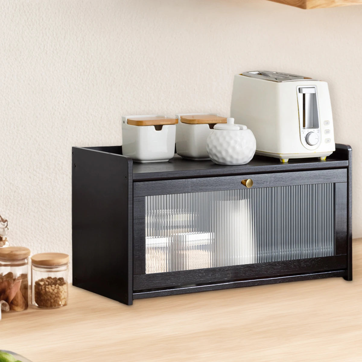Large Capacity Bamboo Bread Box with Acrylic Door & Top Shelf for Kitchen Counter