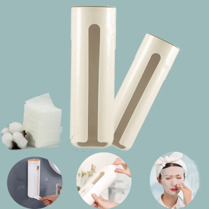 Two cream-colored wall-mounted cotton pad holders shown with cotton pads and demonstration of use