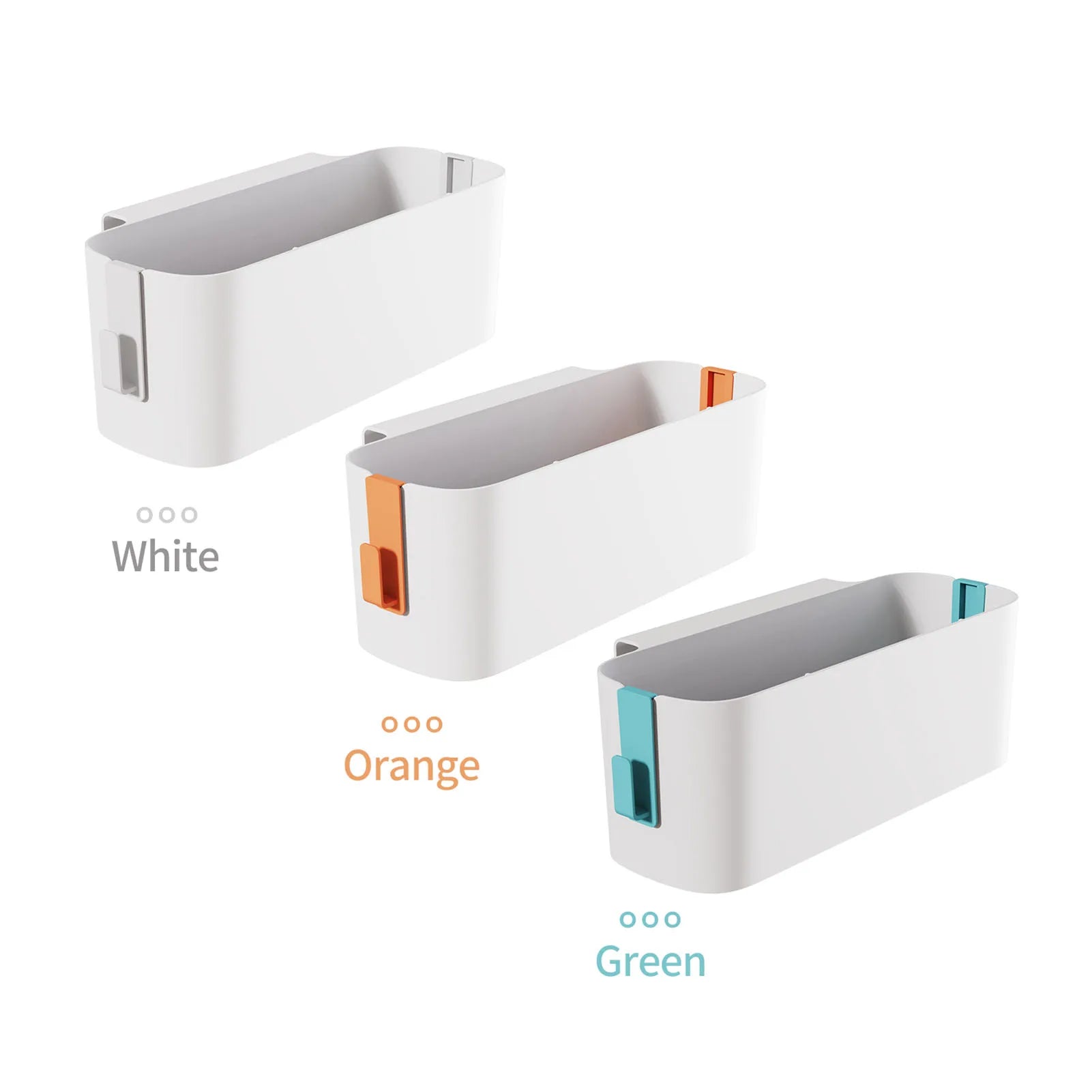 Three ABS plastic bedside hanging storage shelves in white, orange, and green accent colors