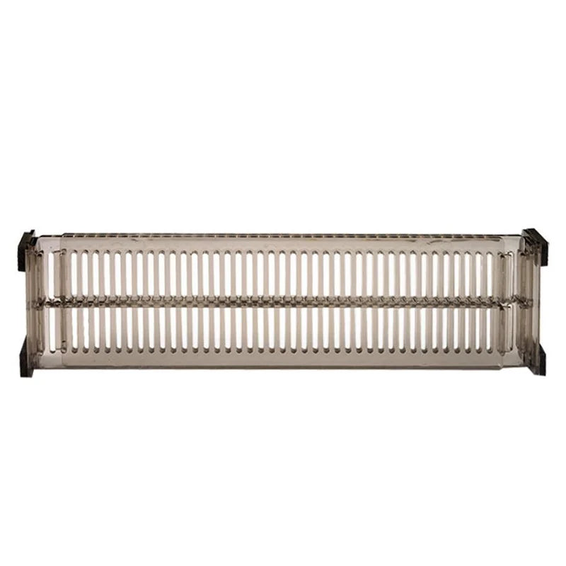 Single clear plastic adjustable drawer divider shown flat