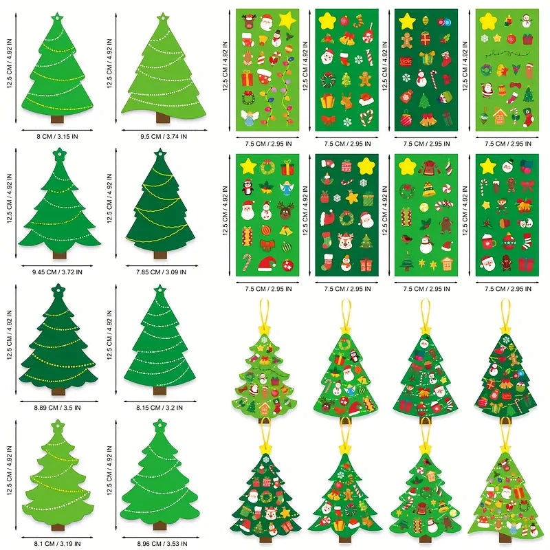 Christmas tree ornament pieces and sticker sheets shown with measurements
