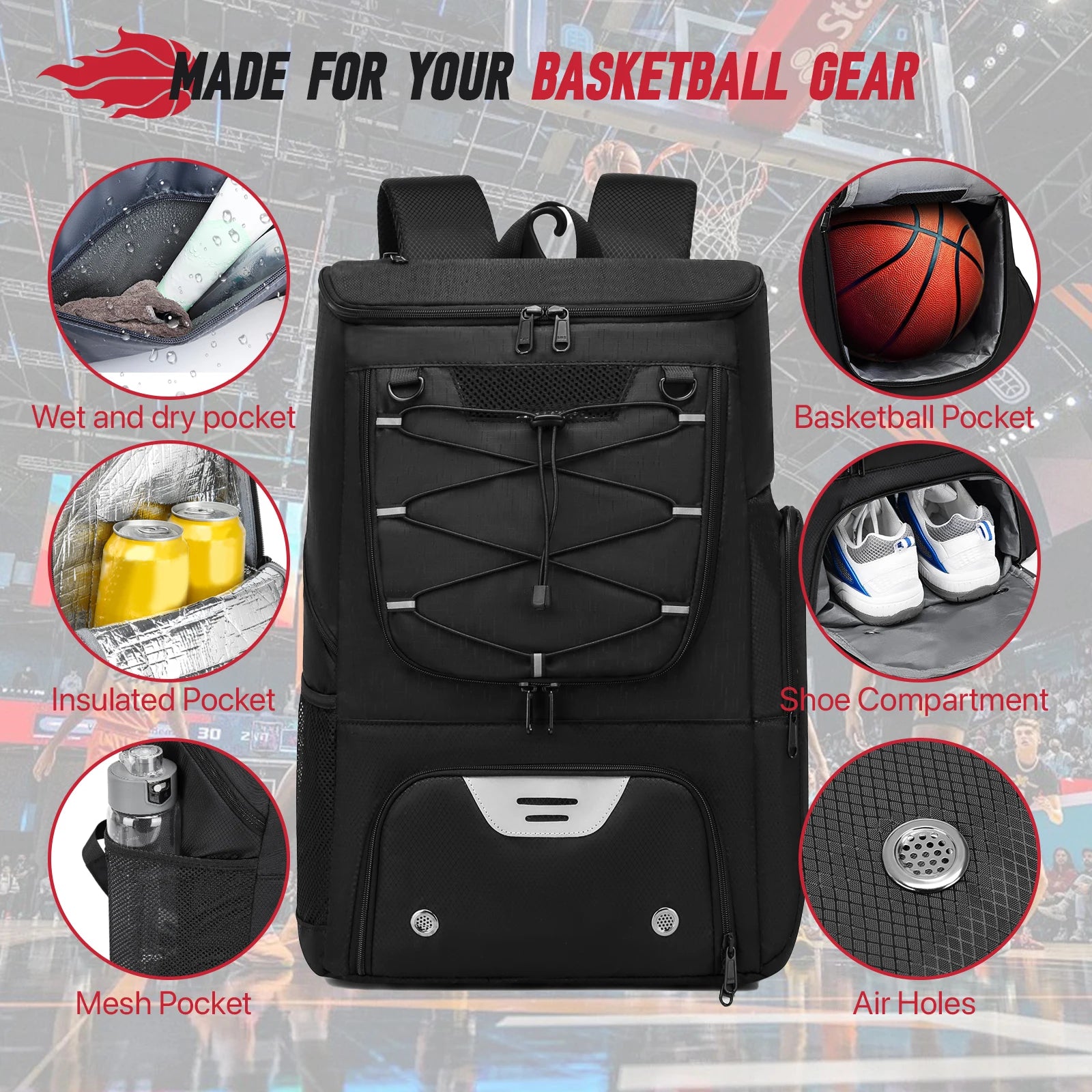 Sports backpack with labeled features: wet and dry pocket, insulated pocket, mesh pocket, basketball pocket, shoe compartment, and air holes