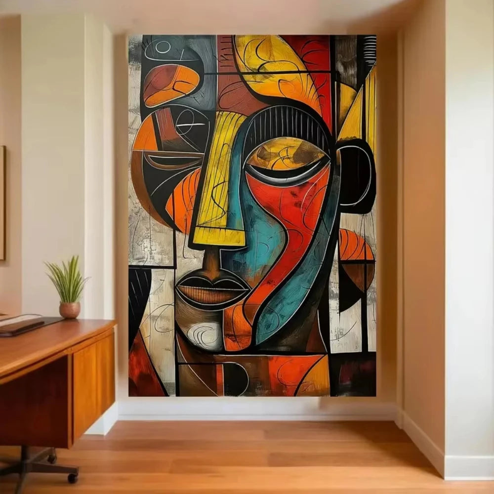 Bright office nook with large abstract tapestry wall hanging and wooden desk