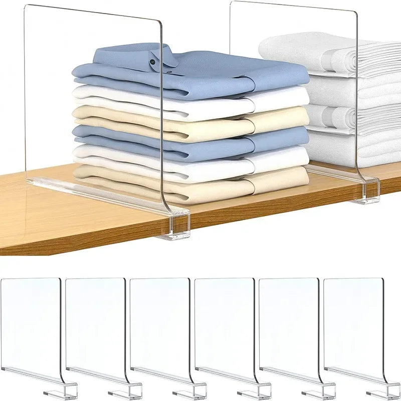 Two clear acrylic shelf dividers holding folded shirts and towels on a wooden shelf, with additional dividers shown below