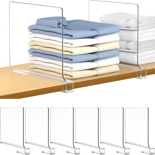 Two clear acrylic shelf dividers holding folded shirts and towels on a wooden shelf, with additional dividers shown below